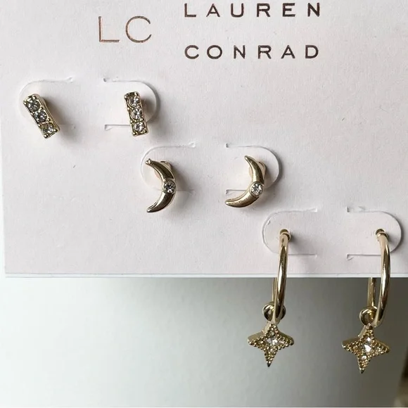 NWT LC LAUREN CONRAD Moon stud star hoop stud earrings, three pairs included - Picture 8 of 10